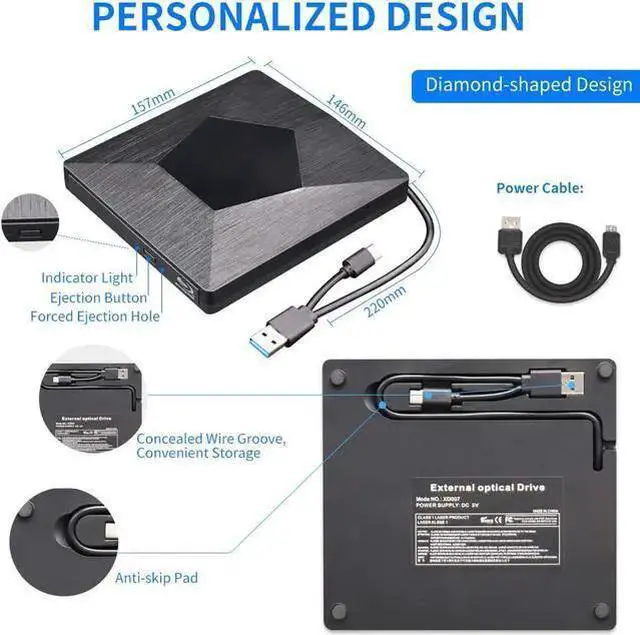 Alt view image 5 of 7 - External 3D Blu Ray DVD Drive Burner, Wihool Ultra Slim USB 3.0 and Type-C Blu Ray BD CD DVD Burner Player Writer Reader Disk for Mac OS, Windows xp/7/8/10, Laptop PC (Black)