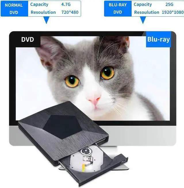Alt view image 2 of 7 - External 3D Blu Ray DVD Drive Burner, Wihool Ultra Slim USB 3.0 and Type-C Blu Ray BD CD DVD Burner Player Writer Reader Disk for Mac OS, Windows xp/7/8/10, Laptop PC (Black)