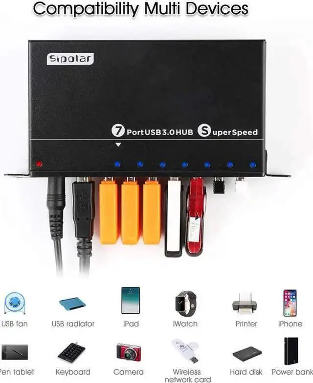 Alt view image 5 of 7 - USB 3.0 Splitter, Aluminum 7 Ports Super Speed USB3.0 Data hub, Aluminum USB 3.0 Hub with 12V 3A 36Watt Powered, Mounting Bracket, LEDs, Balck