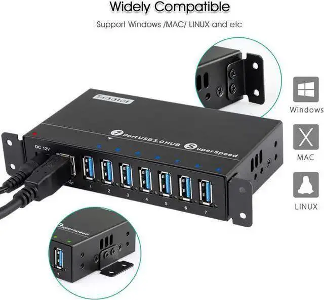 Alt view image 6 of 7 - USB 3.0 Splitter, Aluminum 7 Ports Super Speed USB3.0 Data hub, Aluminum USB 3.0 Hub with 12V 3A 36Watt Powered, Mounting Bracket, LEDs, Balck