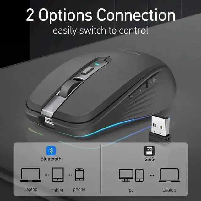 Alt view image 11 of 14 - Rechargeable Wireless Mouse, Silent Mouse with RGB Lights Gaming Mice, 2.4G Wireless & Bluetooth 5.1 Dual Mode 2400 DPI USB-C 700mAh Battery, Ergonomic Mouse for PC, Computer, Laptop, Desktop (Black)