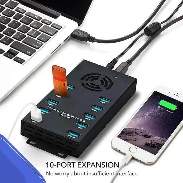 Alt view image 3 of 7 - Premium Design USB 3.0 Hub - Multi-Safety Protection 10-Port Powered USB Hub 3.0 with AC Adapter - USB Spllitter with Cooling Fan and Mounting Brackets - Aluminum - Hub for Multiple Devices