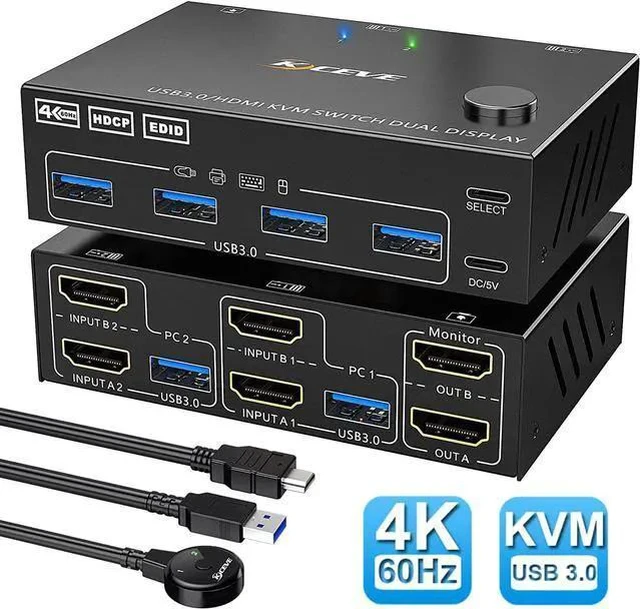 Main image of USB 3.0 Dual Monitor KVM Switch HDMI 2 Port 4K @60Hz Simulation EDID 2 in 2 Out Switch, USB HDMI Extended Display Switcher for 2 Computers Share 2 Monitors and 4 USB 3.0 Devices, with Wired Controller