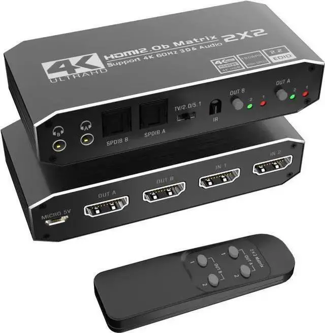 Main image of 2x2 4K HDMI Switch, 2x2 HDMI Matrix Switcher, 4K 60Hz Video Switcher 2 in 2 Out Splitter Support Optical and 3.5mm Audio Output with IR Remote Controller Compatible with 3D, HDMI 2.0b, HDCP 2.2