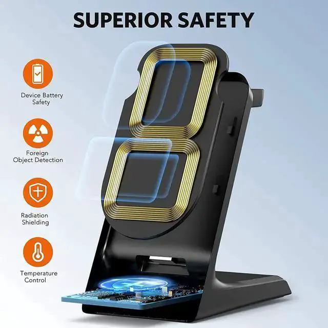 Alt view image 5 of 7 - WISDUM Wireless Charger, 3 in 1 15W Wireless Charger Stand Compatible with 12/12Pro/11/11Pro/Max/XR/XS Max/X iWatch 6/SE/5/4/3/2/1/AirPods, Galaxy S21/S20/S20+/S10
