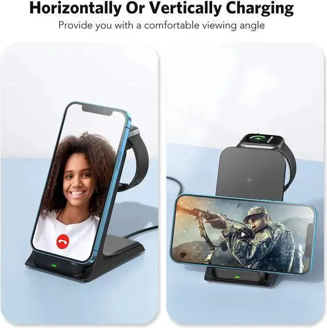 Alt view image 3 of 7 - WISDUM Wireless Charger, 3 in 1 15W Wireless Charger Stand Compatible with 12/12Pro/11/11Pro/Max/XR/XS Max/X iWatch 6/SE/5/4/3/2/1/AirPods, Galaxy S21/S20/S20+/S10