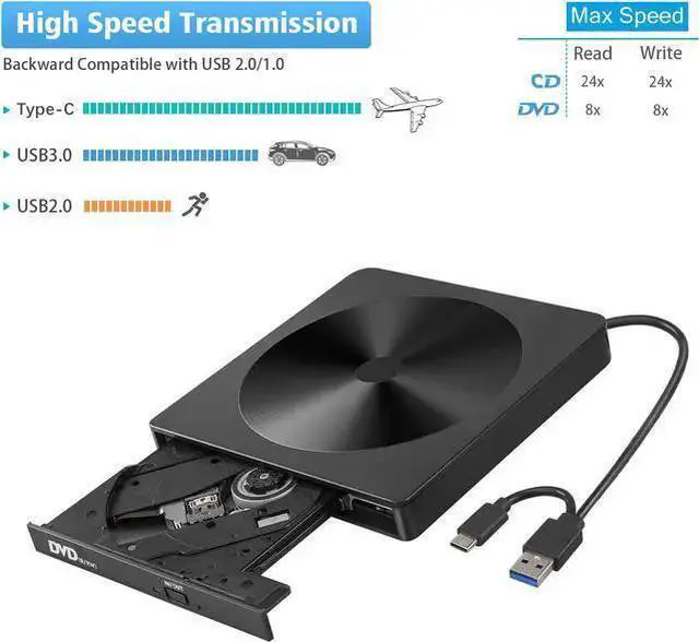 Alt view image 9 of 14 - External CD DVD Drive, Portable High-Speed USB-C & USB 3.0 CD Burner/DVD Reader Writer for Windows Linux Mac Laptop Desktop, MacBook Pro/Air, iMac (USB Type C & USB 3.0)