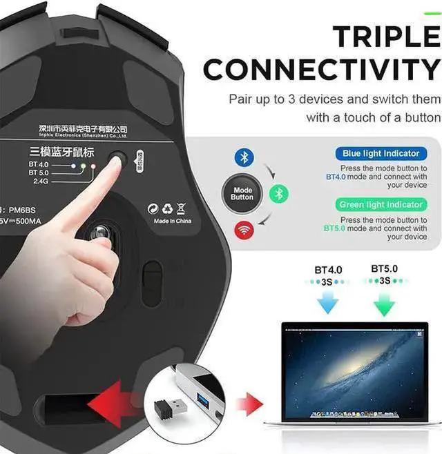 Alt view image 14 of 14 - Bluetooth Wireless Mouse, Silent Rechargeable Bluetooth + 2.4G Wireless Mouse (Tri-Mode: BT 5.0/4.0+2.4G), Ergonomic Portable Mouse Bluetooth for Laptop PC Computer, MacOS, Android, Windows