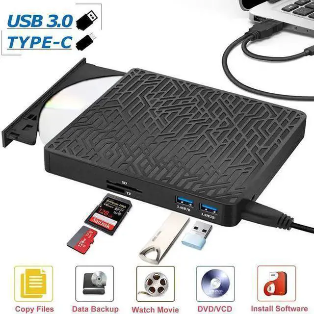 Alt view image 8 of 14 - External CD DVD Drive, 2-Port Hub USB 3.0 with Type-C SD/TF Card Reader CD/DVD +/-Rw Drive ROM Rewriter Burner for Laptop Desktop MacBook Mac OS Windows 10 8 7 XP Vista