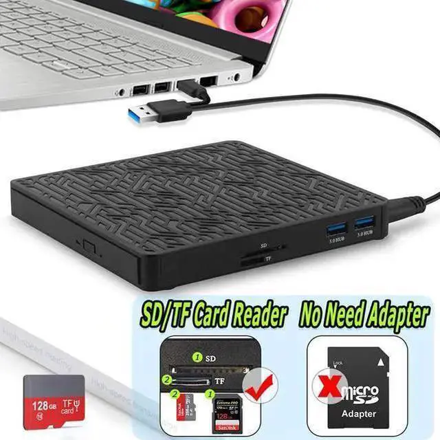 Alt view image 13 of 14 - External CD DVD Drive, 2-Port Hub USB 3.0 with Type-C SD/TF Card Reader CD/DVD +/-Rw Drive ROM Rewriter Burner for Laptop Desktop MacBook Mac OS Windows 10 8 7 XP Vista