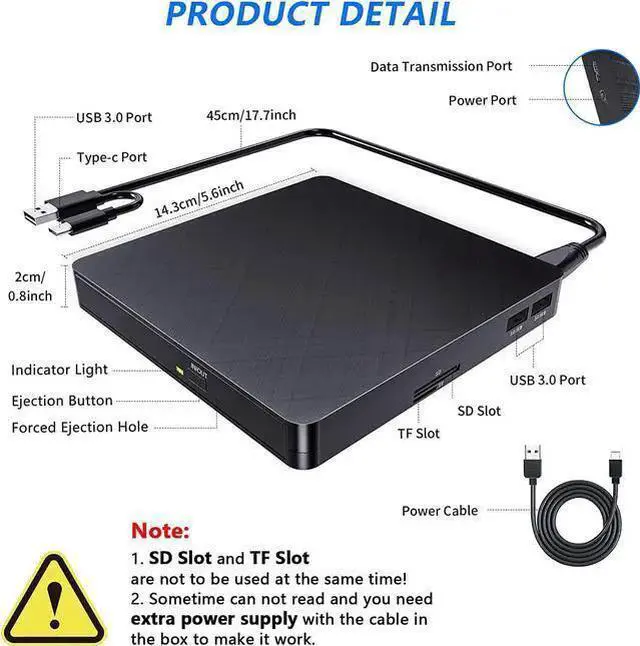 Alt view image 13 of 14 - 5 in 1 External CD DVD Drive, USB 3.0 & Type-C Portable CD DVD Burner with SD/TF Card Reader and 2 USB Ports, External Optical CD/DVD Drives for PC Desktop/Laptop/Linux/Mac/Windows 11/10/8/7 (Black)