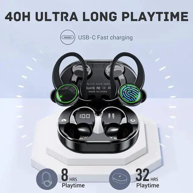 Alt view image 3 of 7 - Ture Wireless Earbuds, Bluetooth 5.3 Earphones Stereo Noise Cancelling Headphones with Mic, 40H Dual LED Touch Control Wireless Earbuds with Earhook, IP7 Waterproof Headset, Sport/Running/Gym