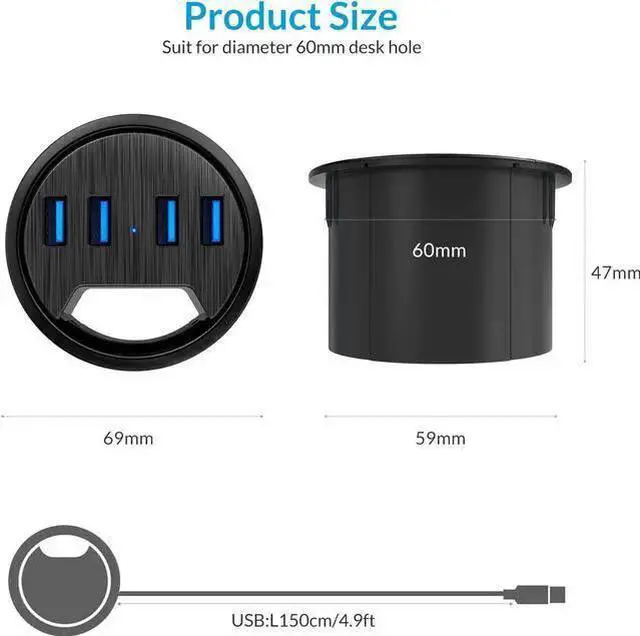 Alt view image 7 of 7 - Desk Grommet USB Hub, 4 Port USB 3.0 Hub, 5Gbps Data Transmission with 4.9ft Cord for Diameter 2.36" or 60mm Hole, Office Accessories, for PC, Flash Drive, HDD Enclosure and Other USB Devices