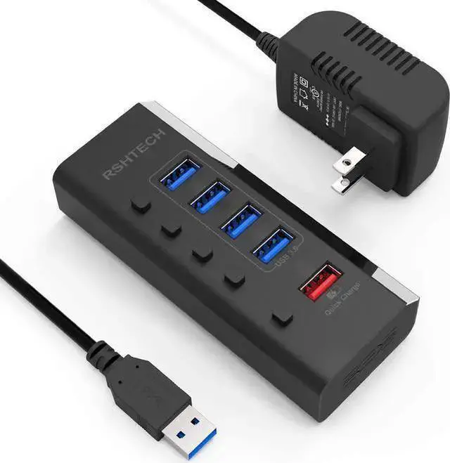 Alt view image 9 of 15 - Powered USB Hub, RSHTECH USB 3 Hub with 4 USB 3.0 Data Ports + 1 USB Fast Charging Port, USB Splitter with 24W(12V/2A) Power Adapter and Individual On/Off Switches(A35-Black)