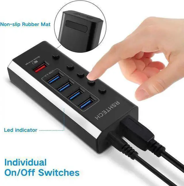 Alt view image 13 of 15 - Powered USB Hub, RSHTECH USB 3 Hub with 4 USB 3.0 Data Ports + 1 USB Fast Charging Port, USB Splitter with 24W(12V/2A) Power Adapter and Individual On/Off Switches(A35-Black)