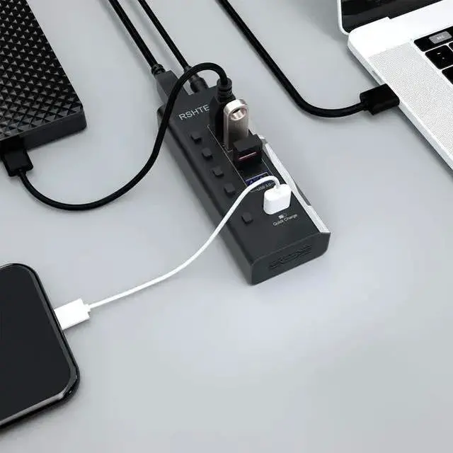 Alt view image 14 of 15 - Powered USB Hub, RSHTECH USB 3 Hub with 4 USB 3.0 Data Ports + 1 USB Fast Charging Port, USB Splitter with 24W(12V/2A) Power Adapter and Individual On/Off Switches(A35-Black)
