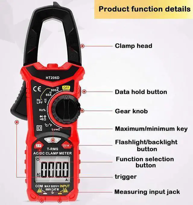 Alt view image 10 of 15 - AC/DC Digital Clamp Meter 6000 Counts True RMS Auto Range NCV AC DC Current Voltage Resistance Capacitance Frequency Diode Temperature Measure Tester, Backlight LCD Display Flashlight