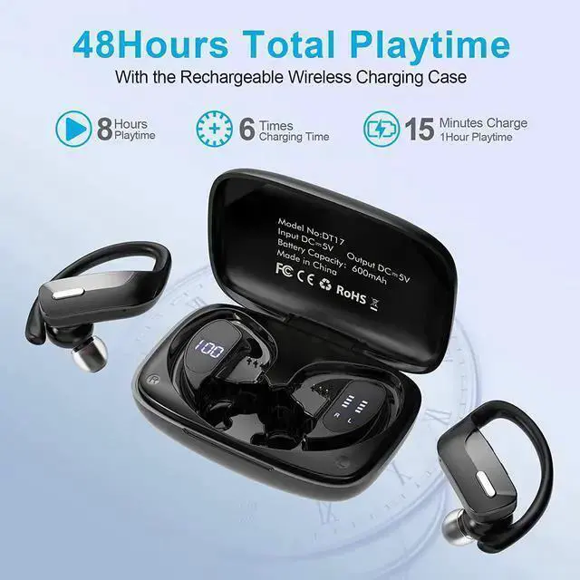 Alt view image 2 of 7 - Ture Wireless Earbuds Bluetooth 5.0 Headphones 48Hrs Play Back Sports Earphones with LED Display Over-Ear Buds with Earhooks Built in Mic Deep Bass in Ear Headset for Workout Running