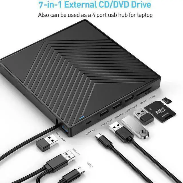 Main image of WISDUM SURF CUZ External CD DVD Drive, Ultra Slim CD Burner USB 3.0 with 4 USB Ports and 2 TF/SD Card Slots, Optical Disk Drive for Laptop Mac, PC Windows 11/10/8/7 Linux OS