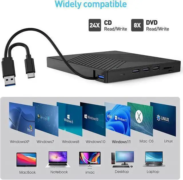 Alt view image 5 of 7 - WISDUM SURF CUZ External CD DVD Drive, Ultra Slim CD Burner USB 3.0 with 4 USB Ports and 2 TF/SD Card Slots, Optical Disk Drive for Laptop Mac, PC Windows 11/10/8/7 Linux OS