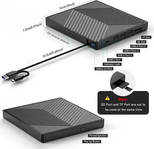 Alt view image 6 of 7 - WISDUM SURF CUZ External CD DVD Drive, Ultra Slim CD Burner USB 3.0 with 4 USB Ports and 2 TF/SD Card Slots, Optical Disk Drive for Laptop Mac, PC Windows 11/10/8/7 Linux OS