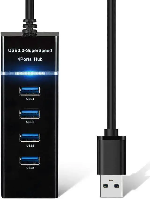 Main image of 4 Port USB 3.0 Hub Adapter - Ultra Slim Data USB Hub with 9.8'' Extended Cable and LED Indicator USB Hub Compatible for MacBook/Mac mini/iPad/PC/PS4/PS5, Flash Drive, Mobile HDD (Black)