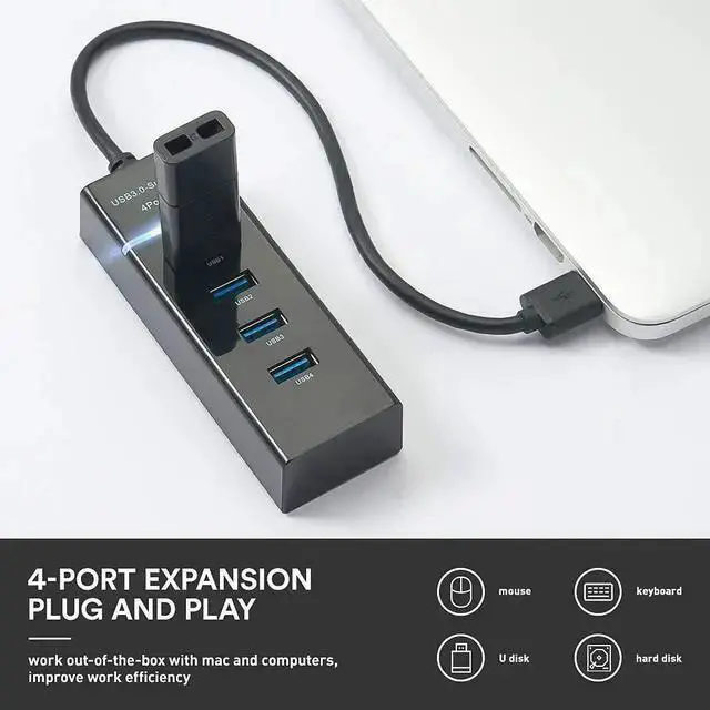 Alt view image 2 of 7 - 4 Port USB 3.0 Hub Adapter - Ultra Slim Data USB Hub with 9.8'' Extended Cable and LED Indicator USB Hub Compatible for MacBook/Mac mini/iPad/PC/PS4/PS5, Flash Drive, Mobile HDD (Black)