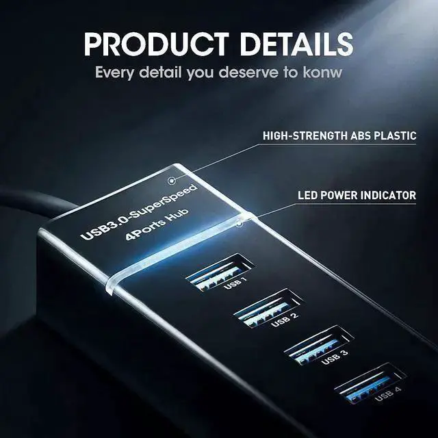 Alt view image 7 of 7 - 4 Port USB 3.0 Hub Adapter - Ultra Slim Data USB Hub with 9.8'' Extended Cable and LED Indicator USB Hub Compatible for MacBook/Mac mini/iPad/PC/PS4/PS5, Flash Drive, Mobile HDD (Black)