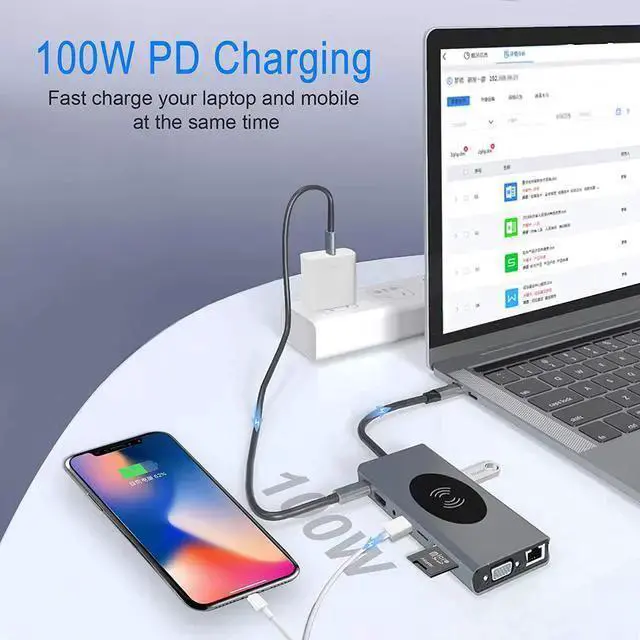 Alt view image 2 of 7 - USB C Hub,15 in 1 Type C Multiport Adapter with Wireless Charger 10W, 4K HDMI, VGA, Ethernet, 4 USB 3.0, 3 USB 2.0, PD3.0, SD/TF Card Reader, 3.5mm Aux Compatible for iPad Pro/MacBook/Type C Devices