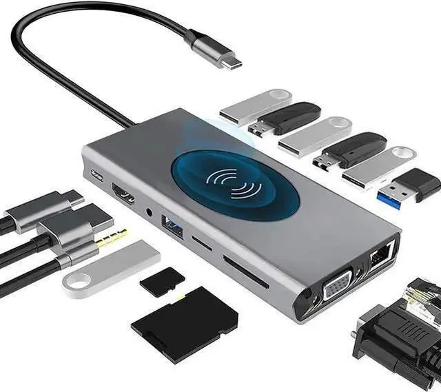 Main image of USB C Hub,15 in 1 Type C Multiport Adapter with Wireless Charger 10W, 4K HDMI, VGA, Ethernet, 4 USB 3.0, 3 USB 2.0, PD3.0, SD/TF Card Reader, 3.5mm Aux Compatible for iPad Pro/MacBook/Type C Devices