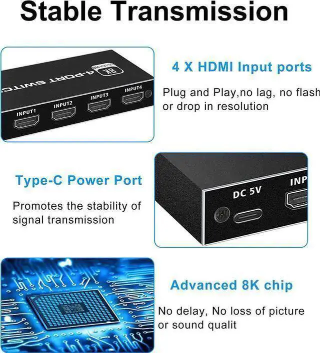 Alt view image 12 of 14 - 4 Ports 8K HDMI 2.1 Switch, HDMI Switcher 4 in 1 Out with IR Remote Control, 4K @60hz HDMI Switch Box 8K@60Hz/4K@120Hz, 48Gbps, Support for Nin-tendo Switch PS4/PS5, Xbox 360/One Fire tv Stick