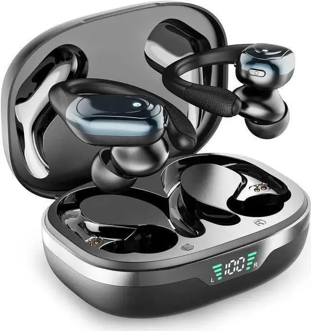 Main image of Bluetooth Headphones 60Hrs Playback, Noise-Cancelling Ture Wireless Earbuds with LED Battery Display Wireless Charging Case and Earhooks Over Ear Waterproof Earphones for Sport Running - Black