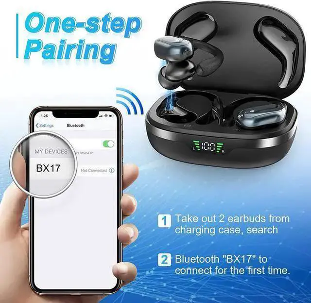 Alt view image 5 of 7 - Bluetooth Headphones 60Hrs Playback, Noise-Cancelling Ture Wireless Earbuds with LED Battery Display Wireless Charging Case and Earhooks Over Ear Waterproof Earphones for Sport Running - Black