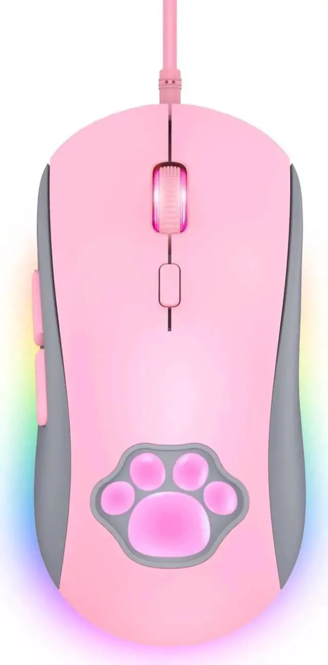 Main image of Cat Paw RGB Gaming Mouse, Silent Optical Computer Mice USB Wired Gaming Mouse with 6 Adjustable DPI Up to 7200, RGB Lighting, 6 Programmable Buttons for Windows/Vista/Linux (Pink)