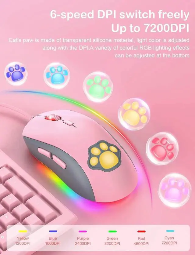 Alt view image 3 of 7 - Cat Paw RGB Gaming Mouse, Silent Optical Computer Mice USB Wired Gaming Mouse with 6 Adjustable DPI Up to 7200, RGB Lighting, 6 Programmable Buttons for Windows/Vista/Linux (Pink)