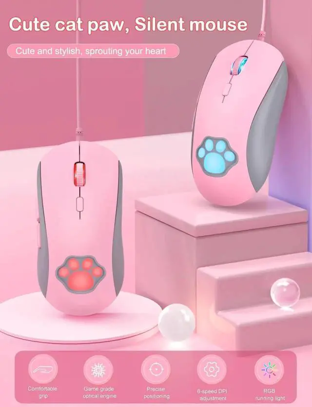 Alt view image 2 of 7 - Cat Paw RGB Gaming Mouse, Silent Optical Computer Mice USB Wired Gaming Mouse with 6 Adjustable DPI Up to 7200, RGB Lighting, 6 Programmable Buttons for Windows/Vista/Linux (Pink)
