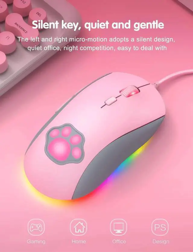 Alt view image 6 of 7 - Cat Paw RGB Gaming Mouse, Silent Optical Computer Mice USB Wired Gaming Mouse with 6 Adjustable DPI Up to 7200, RGB Lighting, 6 Programmable Buttons for Windows/Vista/Linux (Pink)