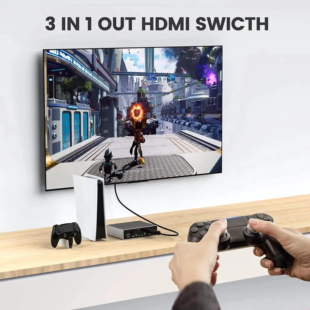 Alt view image 6 of 7 - HDMI 2.1 Switch 8K HDMI Splitter 3 in 1 Out, Ultra High-Speed 48Gbps HDMI Switcher with Remote Control, Supports 8K @60Hz 4K @120Hz, Compatible for PS5/PS4 Projectors Monitor