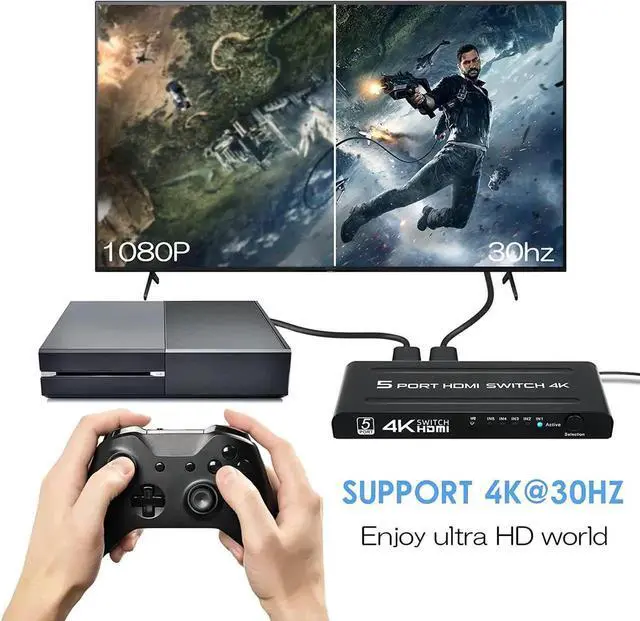 Alt view image 3 of 7 - HDMI Switch 5 in 1 Out, 5 Port HDMI Switcher Selector Box with IR Remote Control & Auto Switch, Support 4K @30Hz, HDR, HDCP, 3D, 1080P for HDTV PS3 PS4 Xbox Projector Blu-ray Player (Black)