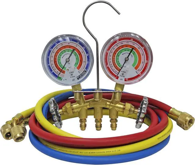 Main image of 59161, Brass R410A, R22, R404A 2-Way Manifold Gauge Set with 3-1/8" Gauges, 3-60" Hoses and Standard 1/4" Fittings