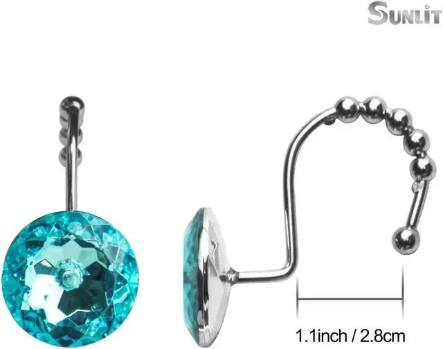 Alt view image 2 of 6 - Sunlit Luxury Design Round Teal Blue Diamond Crystal Gem Bling with Glide Balls Shower Curtain Hooks for Mermaid Shower Curtains, Rust Proof Metal Rhinestones Glam Shower Curtain Rings-12 Pack