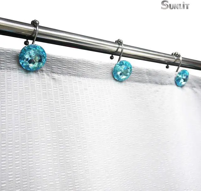 Alt view image 4 of 6 - Sunlit Luxury Design Round Teal Blue Diamond Crystal Gem Bling with Glide Balls Shower Curtain Hooks for Mermaid Shower Curtains, Rust Proof Metal Rhinestones Glam Shower Curtain Rings-12 Pack