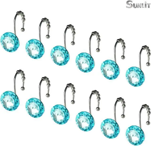 Alt view image 3 of 6 - Sunlit Luxury Design Round Teal Blue Diamond Crystal Gem Bling with Glide Balls Shower Curtain Hooks for Mermaid Shower Curtains, Rust Proof Metal Rhinestones Glam Shower Curtain Rings-12 Pack