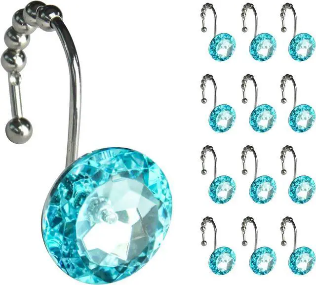 Main image of Sunlit Luxury Design Round Teal Blue Diamond Crystal Gem Bling with Glide Balls Shower Curtain Hooks for Mermaid Shower Curtains, Rust Proof Metal Rhinestones Glam Shower Curtain Rings-12 Pack