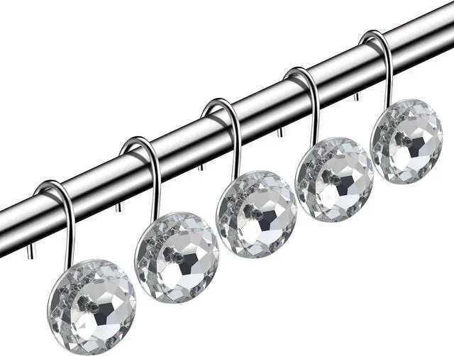 Main image of HBlife 12 Pcs Acrylic Decorative Rolling Diamond Shower Curtain Hooks Rust Proof Rhinestones Crystal Bling Shower Curtain Hooks for Curtain and Shower Rod, Clear Round