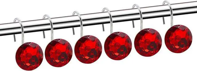 Alt view image 2 of 7 - 12PCS Red Diamond Crystal Bling Shower Curtain Hooks Rings for Bathroom | Metal Rust Shower Rings Round Acrylic Decorative Rhinestones Bling Rolling Bathroom