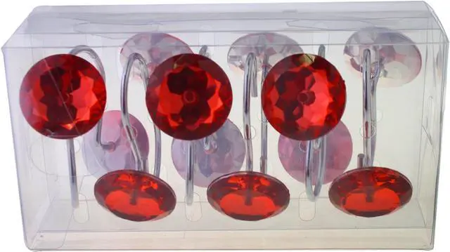 Alt view image 7 of 7 - 12PCS Red Diamond Crystal Bling Shower Curtain Hooks Rings for Bathroom | Metal Rust Shower Rings Round Acrylic Decorative Rhinestones Bling Rolling Bathroom
