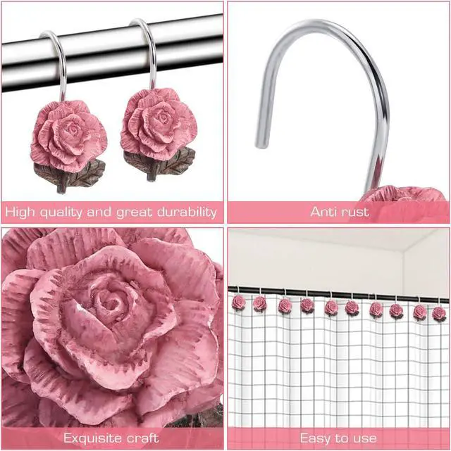 Alt view image 2 of 5 - AGPTEK Rose Shower Curtain Hooks, 12 PCS | Anti Rust, Decorative Vintage Resin Rose, For Bathroom, Baby Room, Bedroom, Living Room