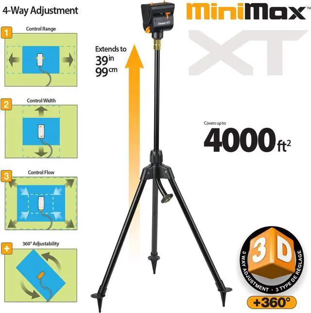 Alt view image 2 of 6 - 65178AMZ MiniMax Turbo Oscillating Sprinkler on Tripod, 4000 sq. ft., 4-Way Adjustable, Quick Connect Bundle, Black, Yellow