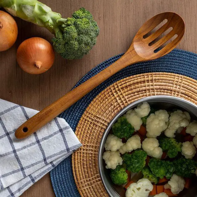 Alt view image 5 of 5 - FAAY 3-In-1 Wooden Spoons Handcrafted Golden Teak Kitchen Utensils Including 13.5 Inch Cooking Spoon, Slotted Spoon and 9 Inch Versatile Spoon, 100% Natural & Eco Friendly with Ergonomic Handle